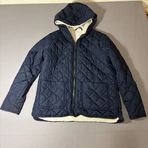 Old Navy Quilted Hooded Jacket Women Size M Navy Blue Sherpa Lined Full Zip